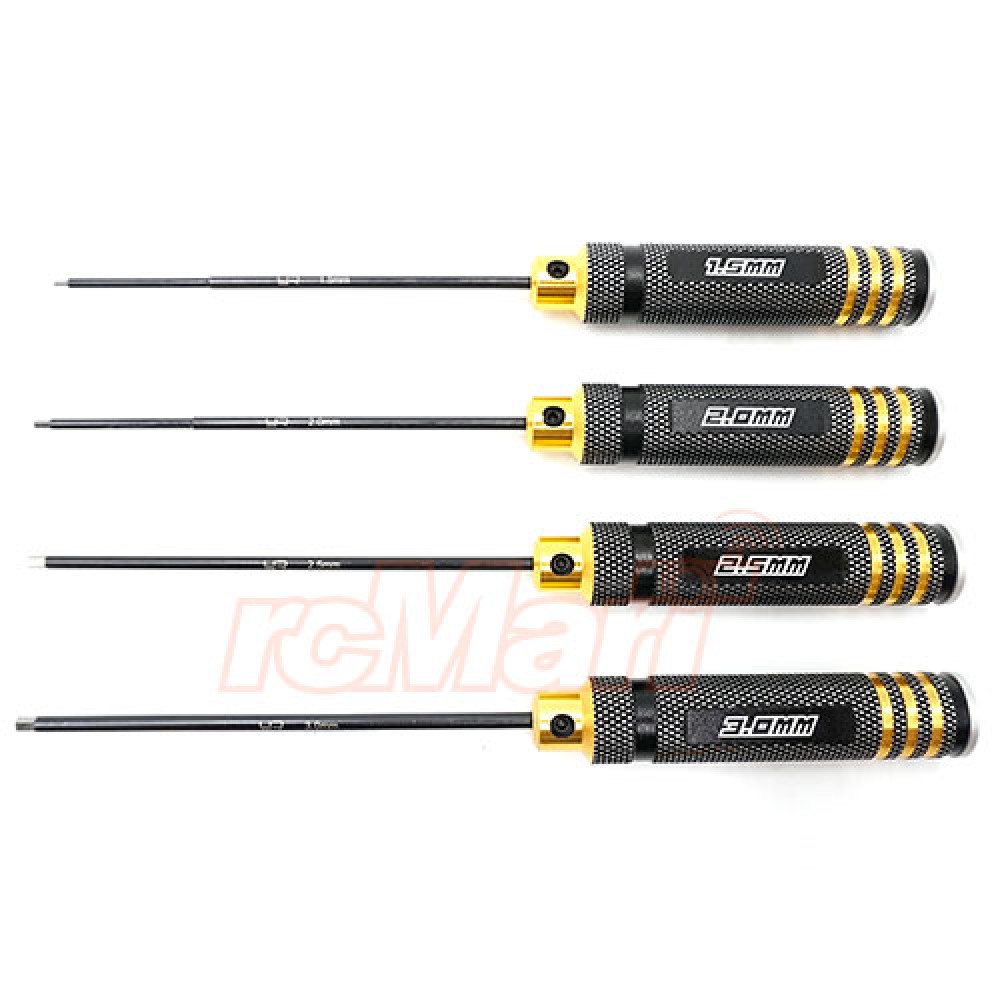 Yeah Racing Aluminium Drive Hex Wrench Set (1.5/2.0/2.5/3.0mm Spring Steel Allen Wrench) Black/Gold (YT-0187)