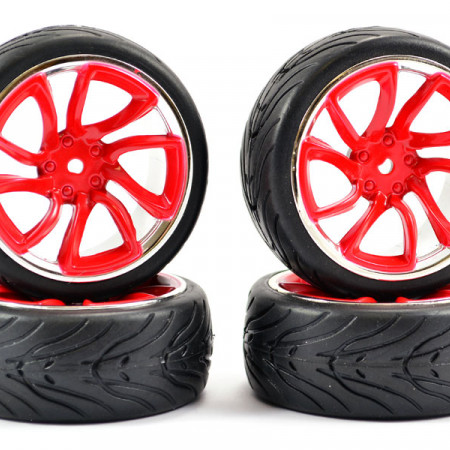 Fastrax 1:10 Street Wheel / Thread Tyres TRI-5 Red/Chrome (FAST0088RC)