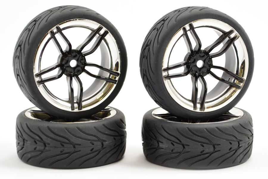 Fastrax 1:10 Street Wheel / Thread Tyres 10-Spoke Black/Chrome (FAST0096BC)