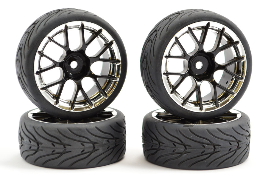 Fastrax 1:10 Street Wheel / Thread Tyres 14 Soke Black/Chrome (FAST0097BC)