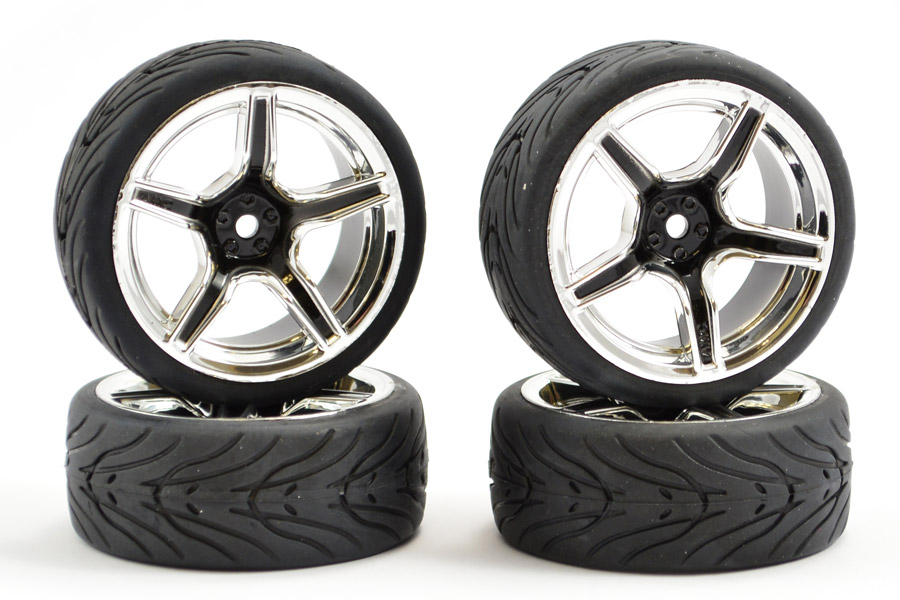 Fastrax 1:10 Street Wheel &amp; Thread Tyres 5 Spoke Black/Chrome (FAST0095BC)