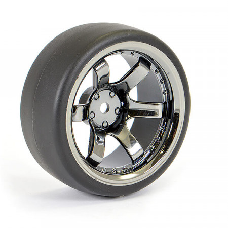 Fastrax 1:10 Drift D1 Tyre 9mm Off Set 6 Spoke Wheel Black Chrome (FAST1350BC-D19)