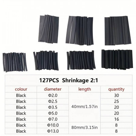 SC Models Heat Shrink Tubing - Assortment, Black 127Pcs (SCHEAT127BK)