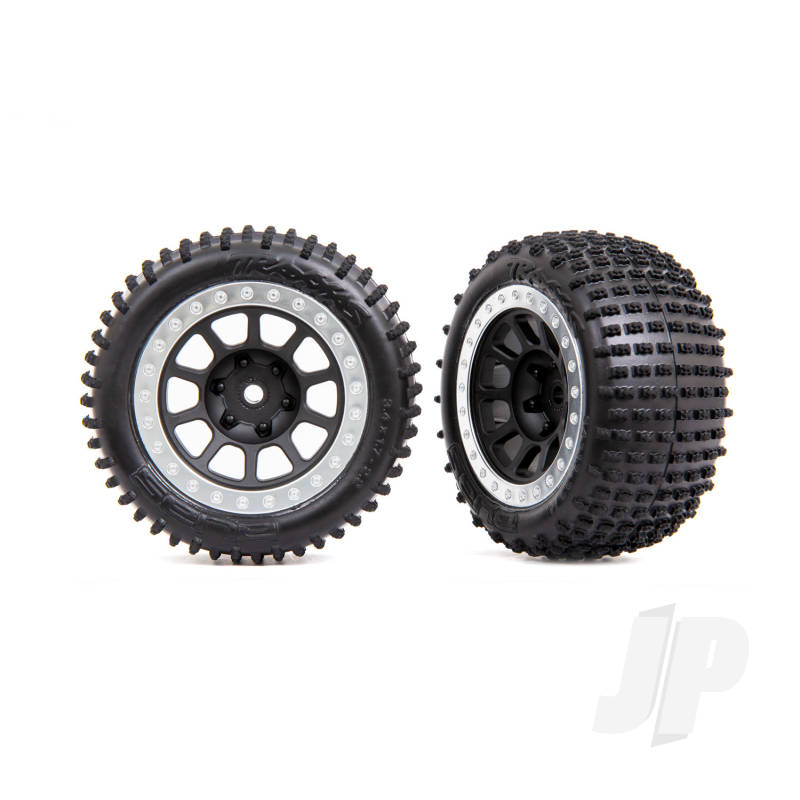 Traxxas Tyres &amp; Wheels, Assembled (2.2&#039; Graphite Gray, Satin Chrome Beadlock Wheels, Alias 2.2&#039; Tyres) (2) (Bandit Rear, Medium Compound With Foam Inserts) (TRX2470G)