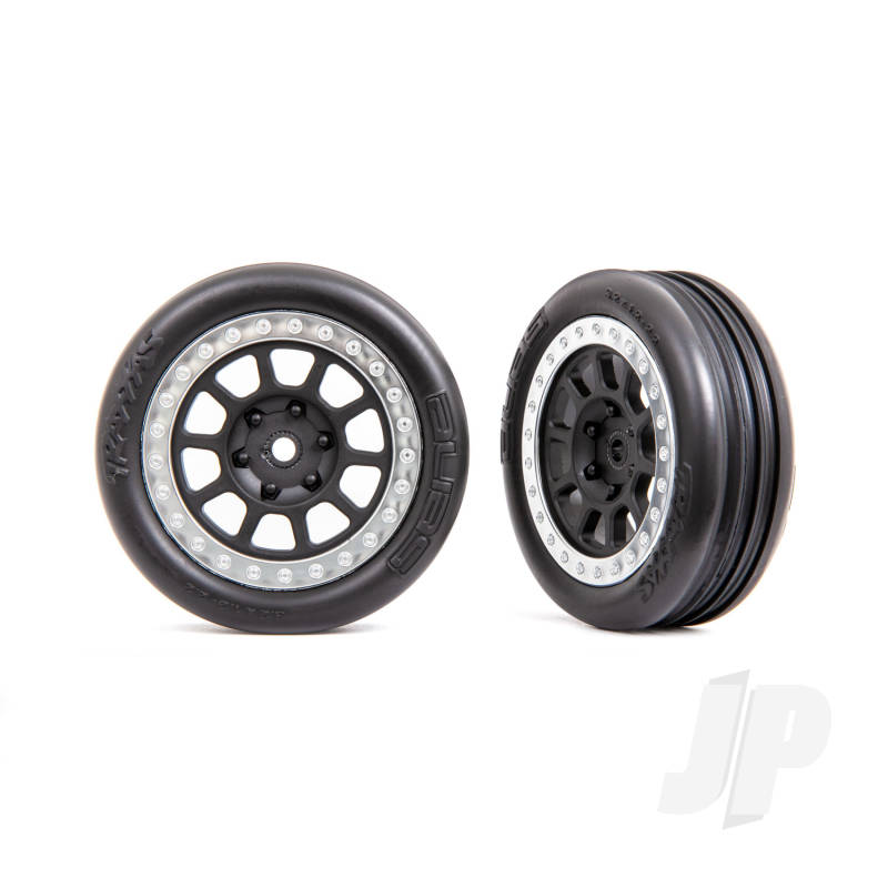 Traxxas Tyres &amp; Wheels, Assembled (2.2&#039; Graphite Gray, Satin Chrome Beadlock Wheels, Alias Ribbed 2.2&#039; Tyres) (2) (Bandit Front, Medium Compound With Foam Inserts) (TRX2471G)