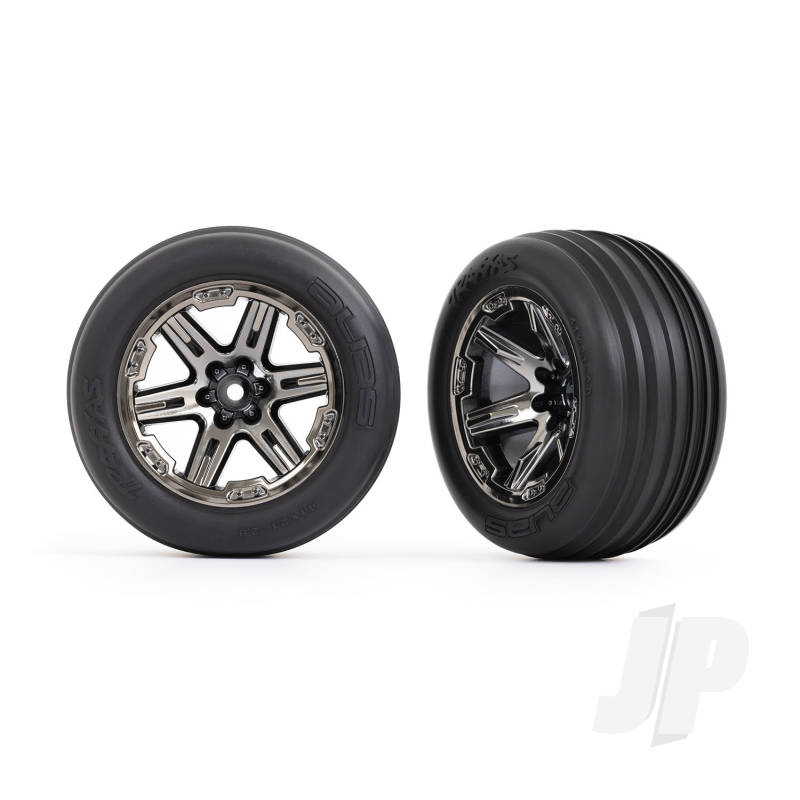 Traxxas Tyres &amp; Wheels, Assembled, Glued (2.8&#039;) (Rxt Black Chrome Wheels, Ribbed Tyres, Foam Inserts) (Electric Front) (2) (TRX3771R)