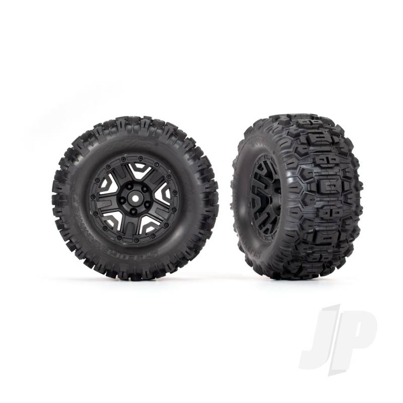 Traxxas Tyres &amp; Wheels, Assembled, Glued (Black 2.8&#039; Wheels, Sledgehammer Tyres, Foam Inserts) (Electric Rear) (2) (Tsm Rated) (TRX3778)