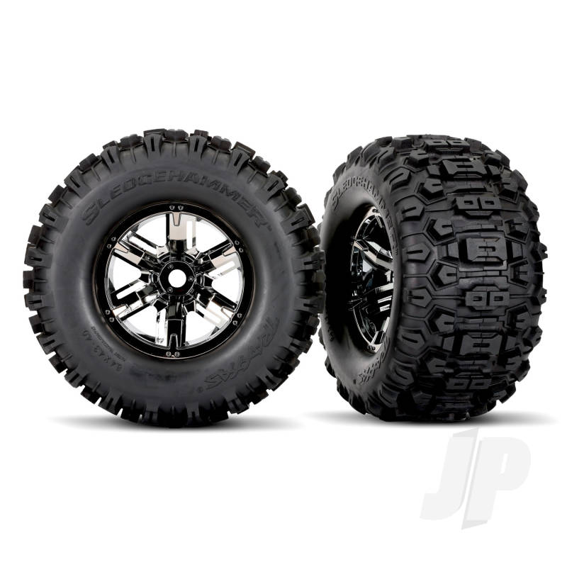 Traxxas Tires &amp; Wheels, Assembled, Glued (X-Maxx Black Chrome Wheels, Sledgehammer Tires, Foam Inserts) (Left &amp; Right) (2) (TRX7774A)