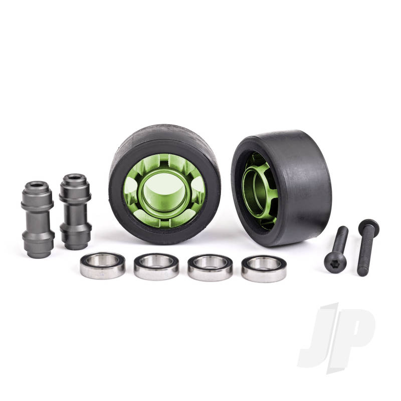 Traxxas Wheels, Wheelie Bar, 6061-T6 Aluminium (Green-Anodised) (2)/ Axle, Wheelie Bar, 6061-T6 Aluminium (2)/ 10X15X4 Ball Bearings (4) (TRX7775G)