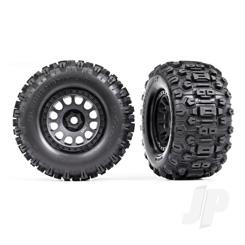 Traxxas Tyres &amp; Wheels, Assembled, Glued (Xrt Race Black Wheels, Sledgehammer Tyres, Foam Inserts) (Left &amp; Right) (TRX7876)