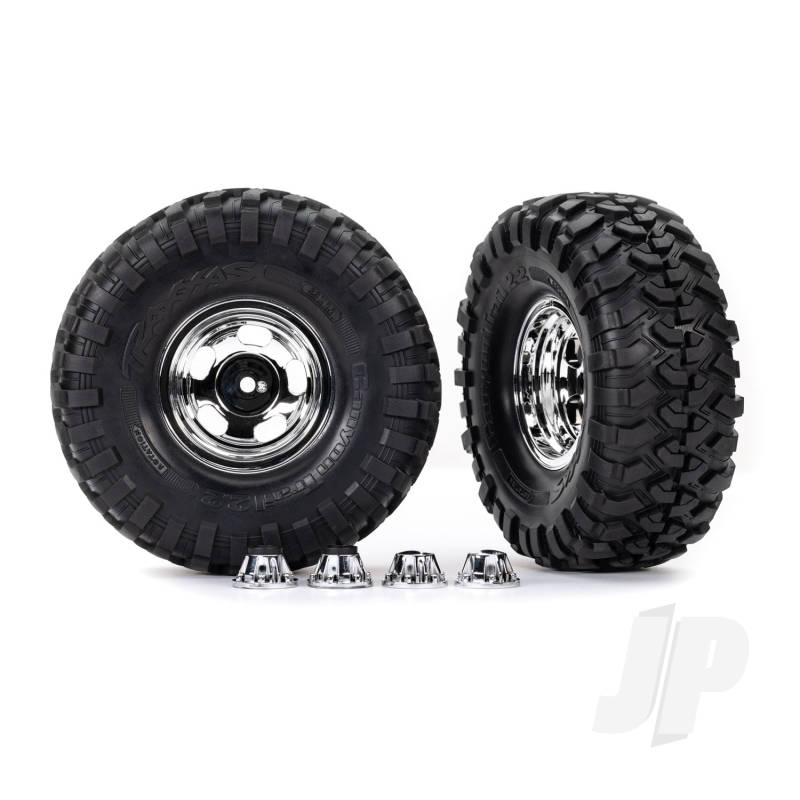 Traxxas Tyres &amp; Wheels, Assembled, Glued (2.2In Chrome Wheels, Canyon Trail 5.3 X 2.2In Tyres) (2)/ Center Caps (2)/ Decal Sheet (Requires #8255A Extended Thread Stub Axle) (TRX8159X)