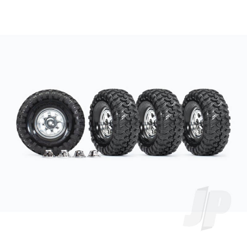 Traxxas Tyres And Wheels, Assembled, Glued (1.9&#039; Classic Chrome Wheels, Canyon Trail 4.6X1.9&#039; Tyres) (4 Pcs)/ Centre Caps (4 Pcs) (Requires #8255A Extended Stub Axle) (TRX8183X)