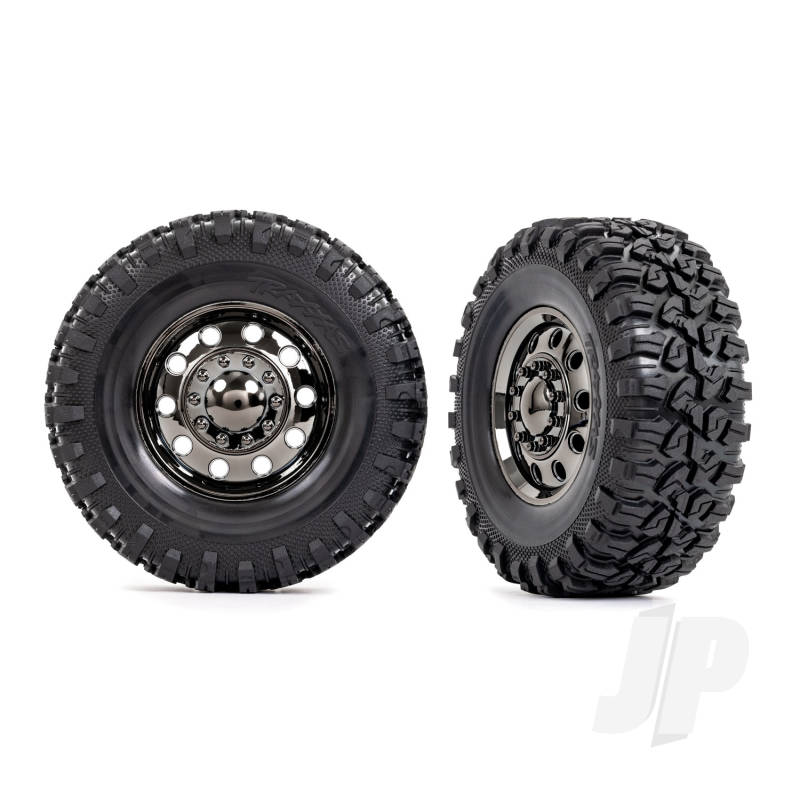 Traxxas Tyres And Wheels, Assembled, Glued (Trx-6 Big Rig 2.2In Black Chrome Wheels, Canyon Rt 4.6X2.2In Tyres, Foam Inserts) (Front) (2)/ Centre Caps (Black Chrome) (2) (TRX8854)