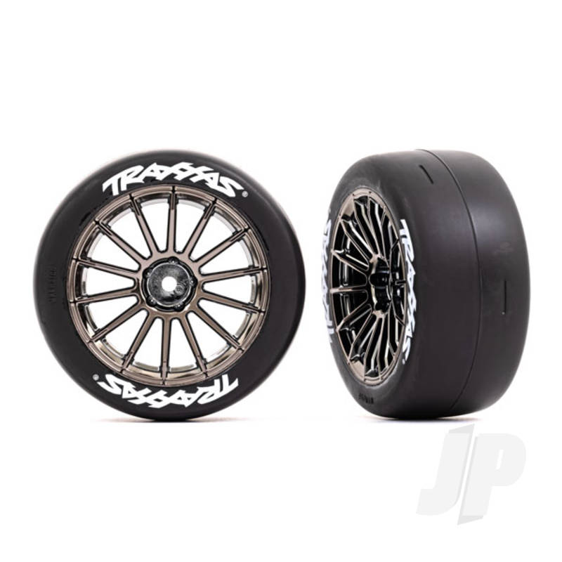 Traxxas Tyres And Wheels, Assembled, Glued (Multi-Spoke Black Chrome Wheels, 2.0&quot; Slick Tyres With Traxxas Logo, Foam Inserts) (Front) (2) (Vxl Rated) (TRX9374R)