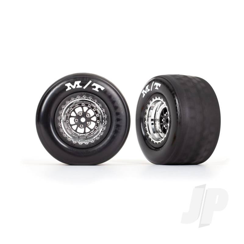 Traxxas Tyres &amp; Wheels, Assembled, Glued (Weld Chrome With Black Wheels, Tyres, Foam Inserts) (Rear) (2) (TRX9475R)