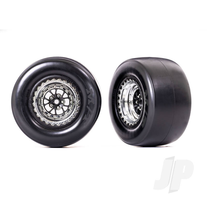 Traxxas Tyres &amp; Wheels, Assembled, Glued (Weld Chrome With Black Wheels, Mickey Thompson Et Drag Slicks, Smoke, Foam Inserts) (Rear) (2) (TRX9477R)