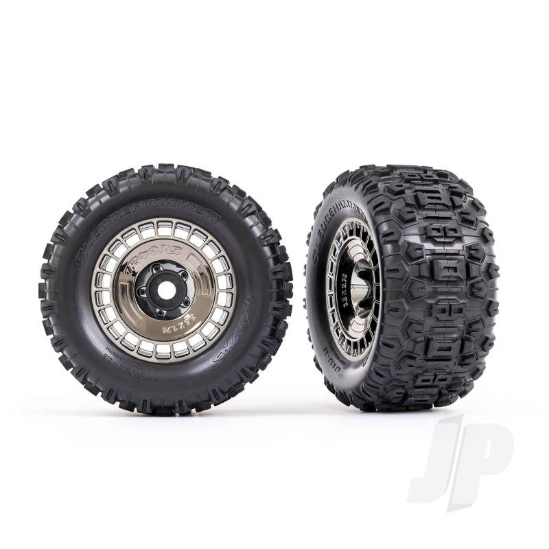 Traxxas Tyres And Wheels, Assembled, Glued (3.8In Black Chrome Wheels, Black Chrome Wheel Covers, Sledgehammer Tyres, Foam Inserts) (2) (TRX9572T)