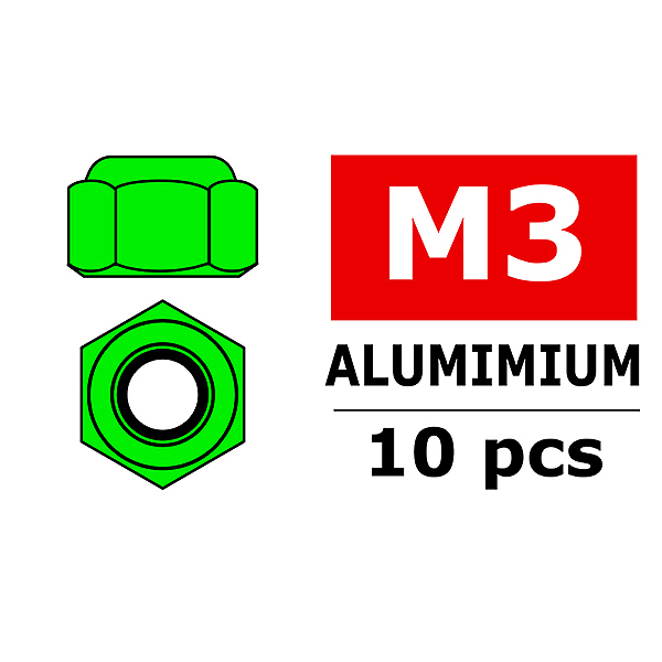 Corally Aluminium Nylstop Nut M3 Green 10 Pcs (C-3106-30-1)