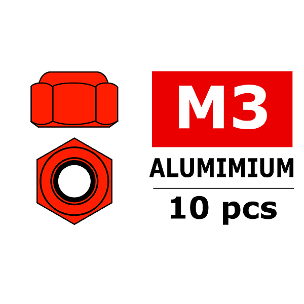 Corally Aluminium Nylstop Nut M3 Red 10 Pcs (C-3106-30-5)