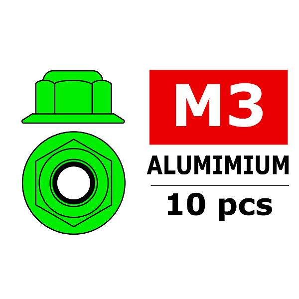 Corally Aluminium Nylstop Nut M3 Flanged Green 10 (C-3107-30-1)
