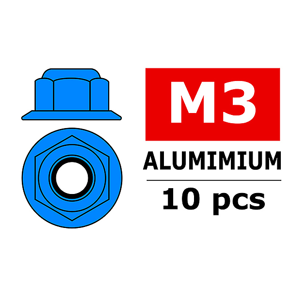 Corally Aluminium Nylstop Nut M3 Flanged Blue 10 P (C-3107-30-4)