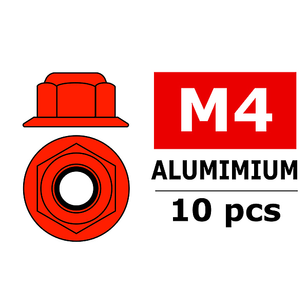 Corally Aluminium Nylstop Nut M4 Flanged Red 10 Pc (C-3107-40-5)