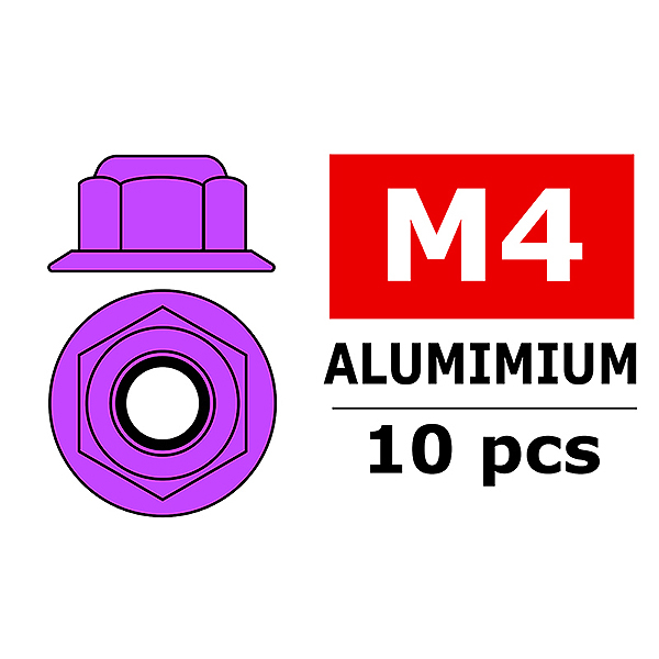 Corally Aluminium Nylstop Nut M4 Flanged Purple 10 Pcs (C-31132)
