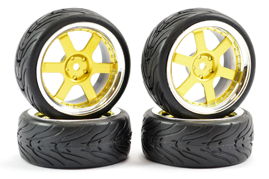 Fastrax 1:10 Street Wheel &amp; Thread Tyres 6 Spoke Gold/Chrome (FAST0087GC)