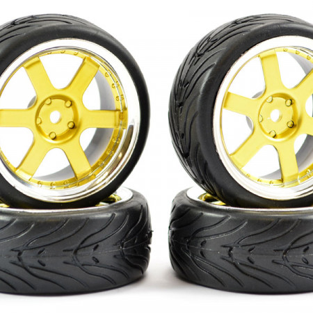 Fastrax 1:10 Street Wheel &amp; Thread Tyres 6 Spoke Gold/Chrome (FAST0087GC)