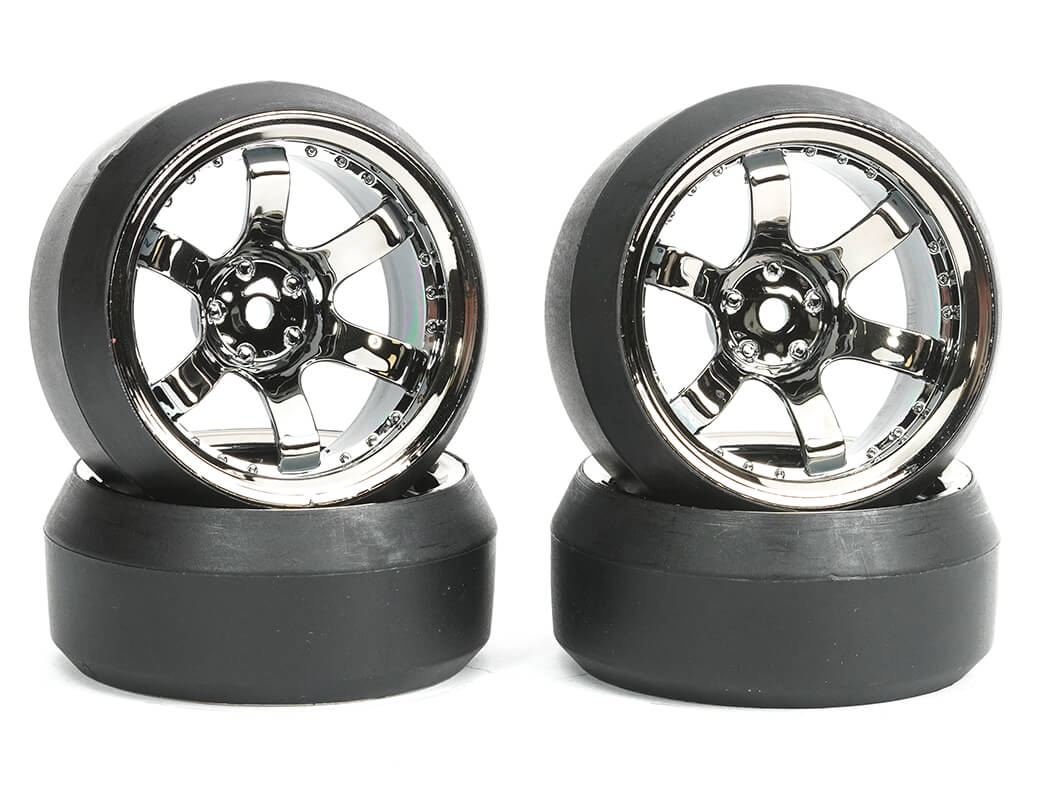 Fastrax 1/10 (4) Drift D3 Tyre With 9mm 6-Spoke Wheel - Black Chrome (FAST1350BC-D39)